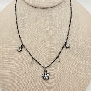 Vtg 1928 Dainty Floral AB Crystal Charm Bib Necklace Antiqued Silver Tone 16"